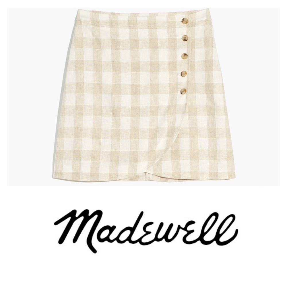 Madewell Linen Blend Tulip Hem Button Mini Skirt in Neutral Gingham Plaid XS